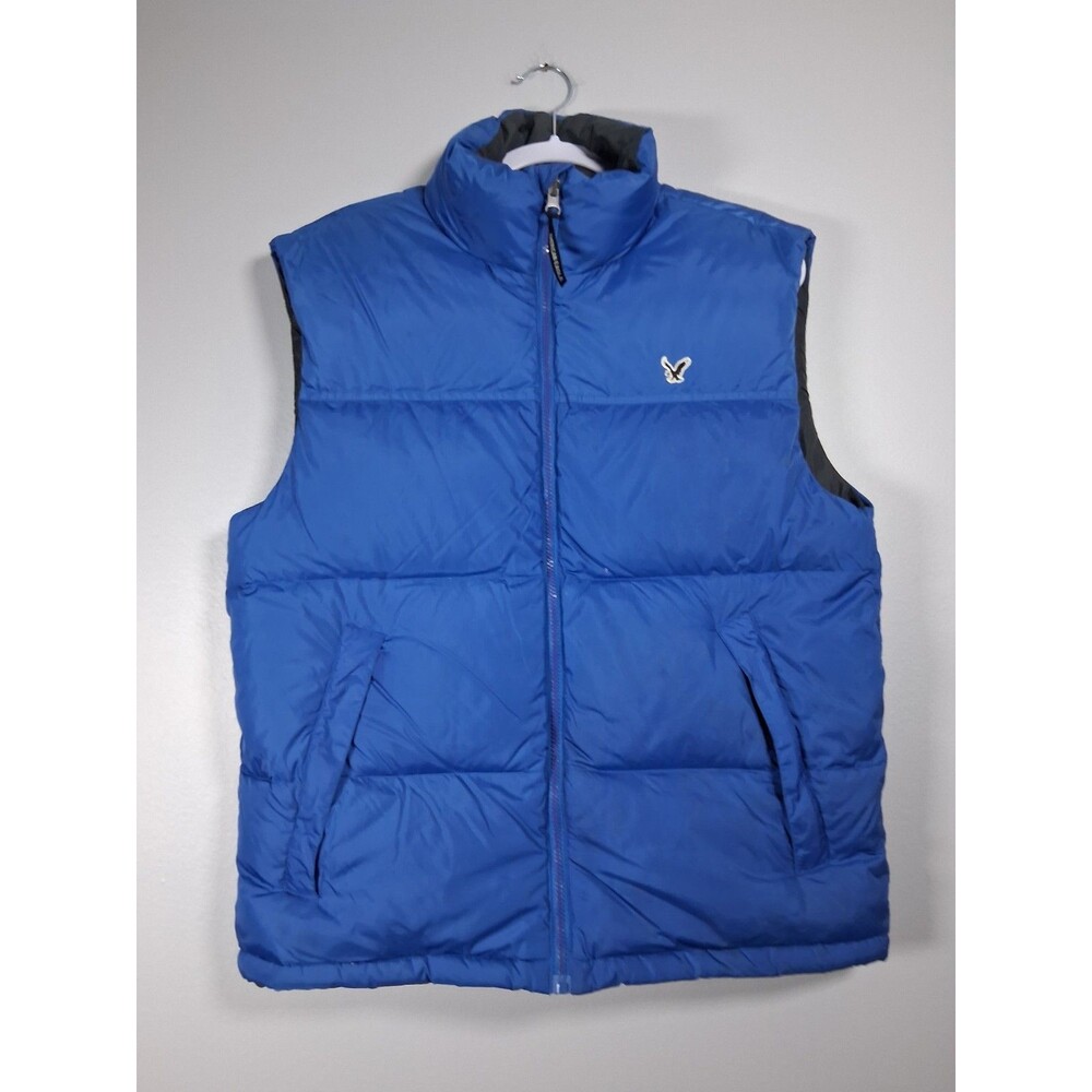 American Eagle Puffer Vest Down Mens Medium Blue Black Reversible Gorpcore